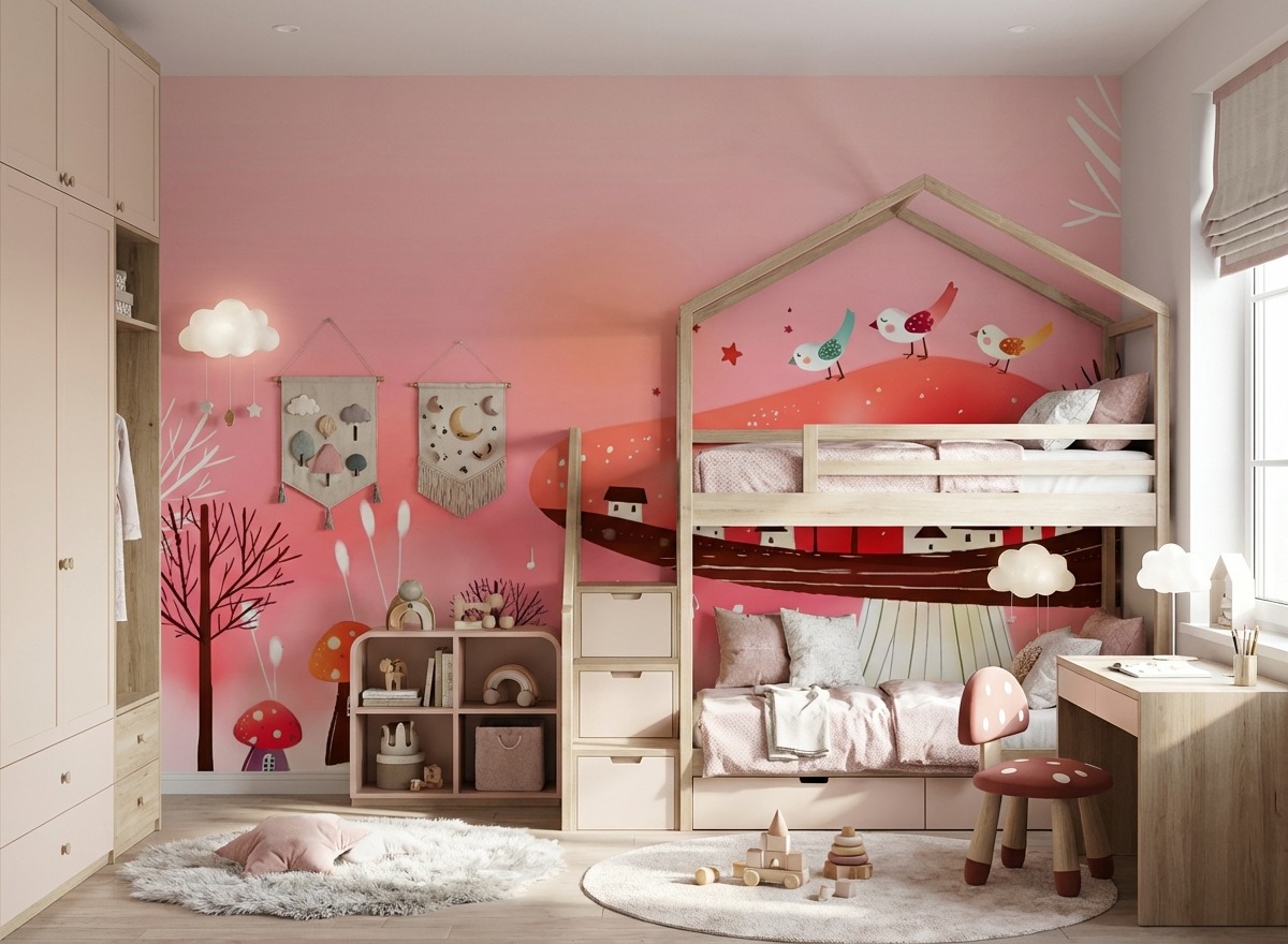 Tranh D&aacute;n Tường L&atilde;ng Mạn DRL-071: Ng&ocirc;i Nh&agrave; Nấm Hồng Mộng Mơ