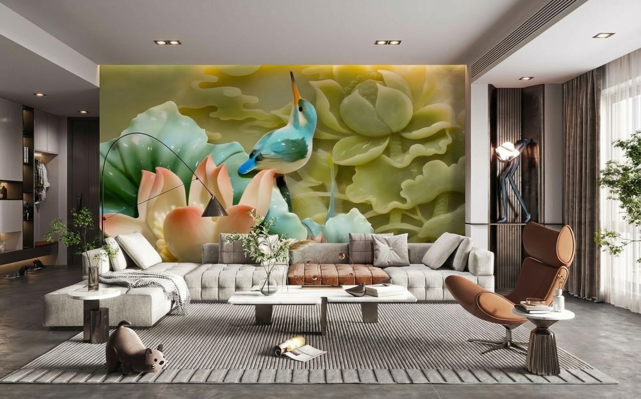 Tranh Ngọc D&aacute;n Tường PTH-004: Chim Sen Thanh B&igrave;nh