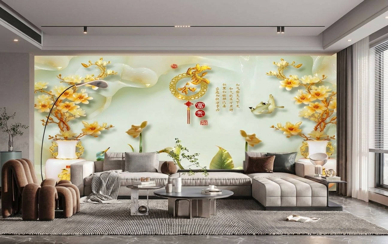 Tranh Ngọc D&aacute;n Tường PTH-051: Sen V&agrave;ng Chim Xanh