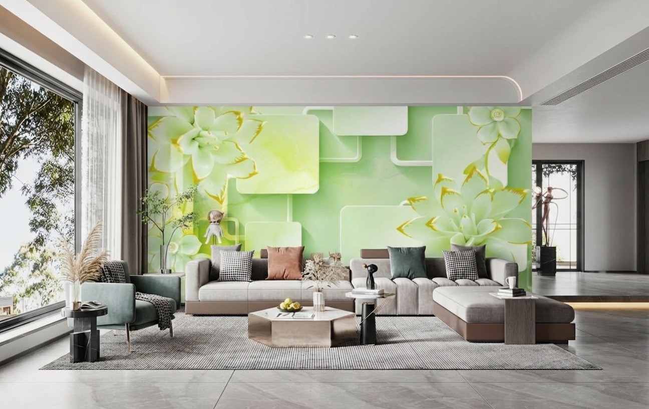 Tranh Ngọc D&aacute;n Tường PTH-141: Khắc Họa Sen Xanh