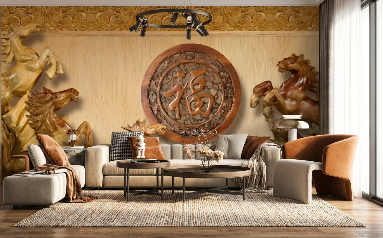 Tranh Ngọc D&aacute;n Tường PTN-004: B&aacute;t M&atilde; Truy Phong Gỗ