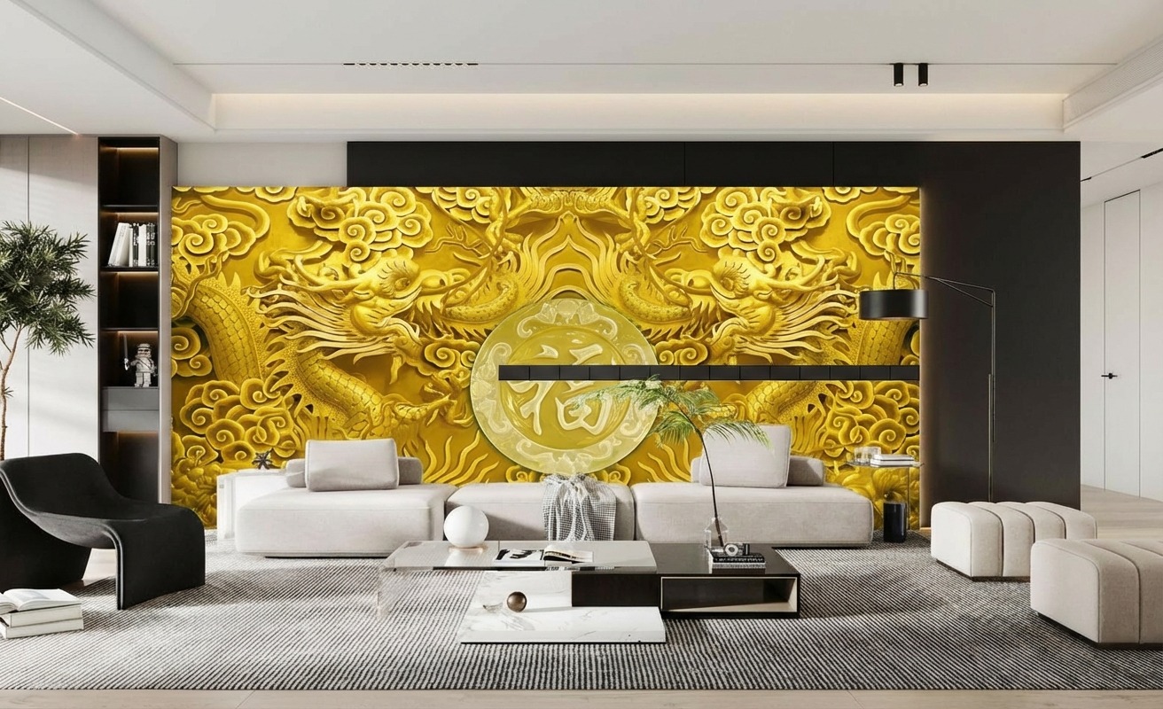 Tranh Ngọc D&aacute;n Tường PTQ-002: Song Long Chầu Ph&uacute;c