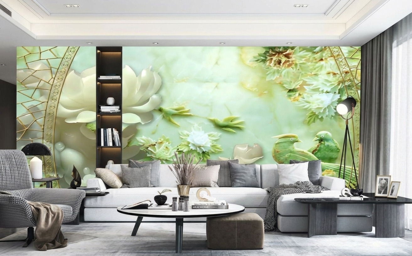 Tranh Ngọc D&aacute;n Tường PTQ-022: Sen Trắng Ngọc B&iacute;ch