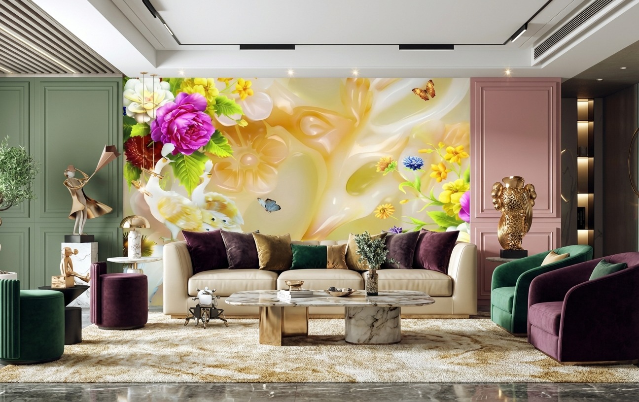 Tranh Ngọc D&aacute;n Tường PTQ-101: C&ocirc;ng Trắng B&ecirc;n Hoa