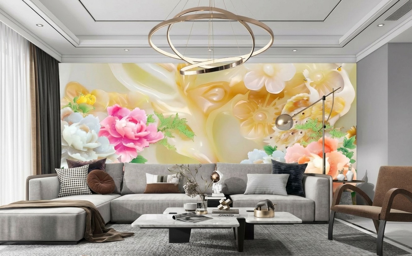 Tranh Ngọc D&aacute;n Tường PTQ-104: Mẫu Đơn Đa Sắc