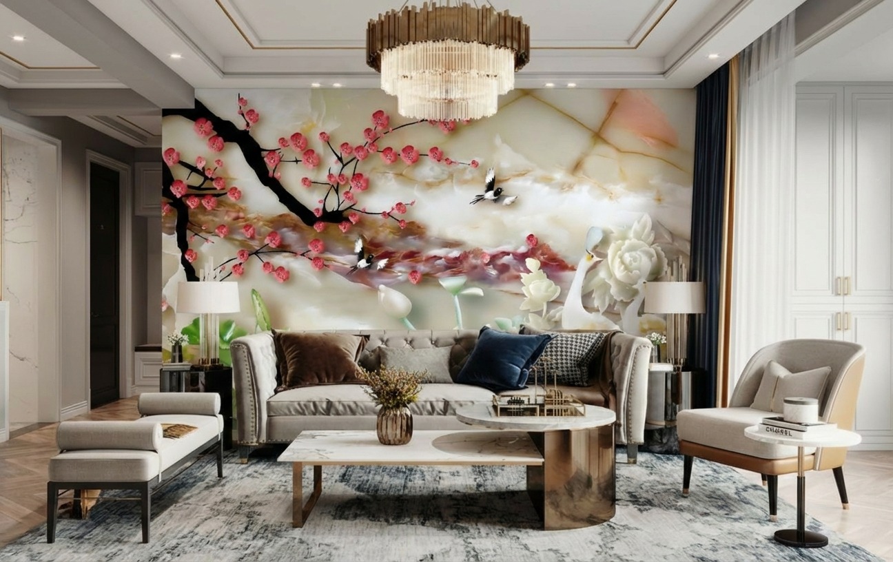 Tranh Ngọc D&aacute;n Tường PTQ-107: Đ&ocirc;i Uy&ecirc;n Ương B&ecirc;n Hoa