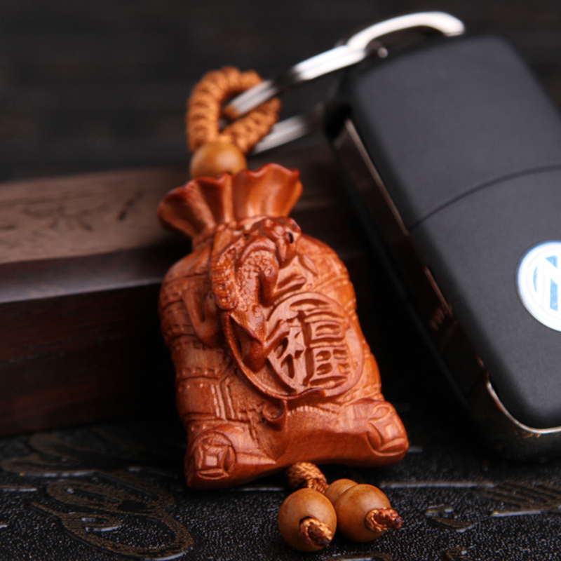 Móc khóa túi tiền khắc chữ phúc bằng gỗ Móc khóa túi tiền khắc chữ phúc bằng gỗ