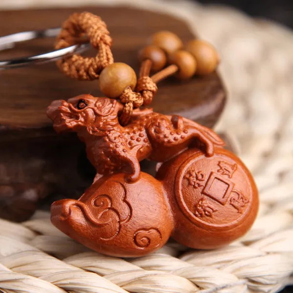 Móc khóa hình hồ lô tỳ hưu bằng gỗ