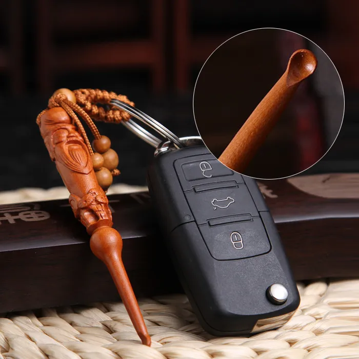 Móc khóa gỗ khắc hình phúc lộc thọ kèm ráy tai