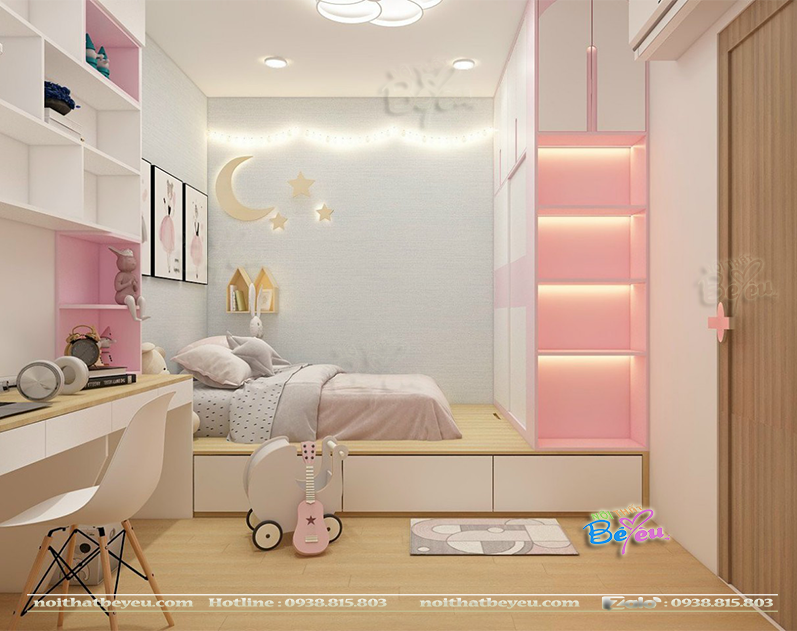 Phòng ngủ cho bé gái màu Hồng diện tích nhỏ