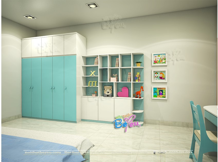 thiet ke phong ngu cho 3 be trai be gai mau xanh