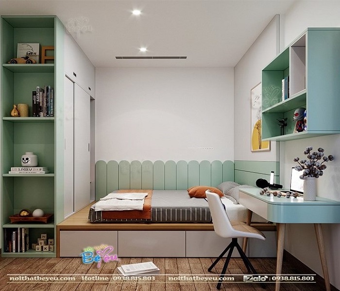 phong ngu cho be gai mau xanh ngoc dam tiet kiem dien tich