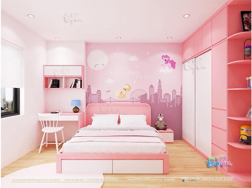 Trang tri phong ngu cho be gai don gian mau hong 15m2 từ 8 đến 15 tuổi