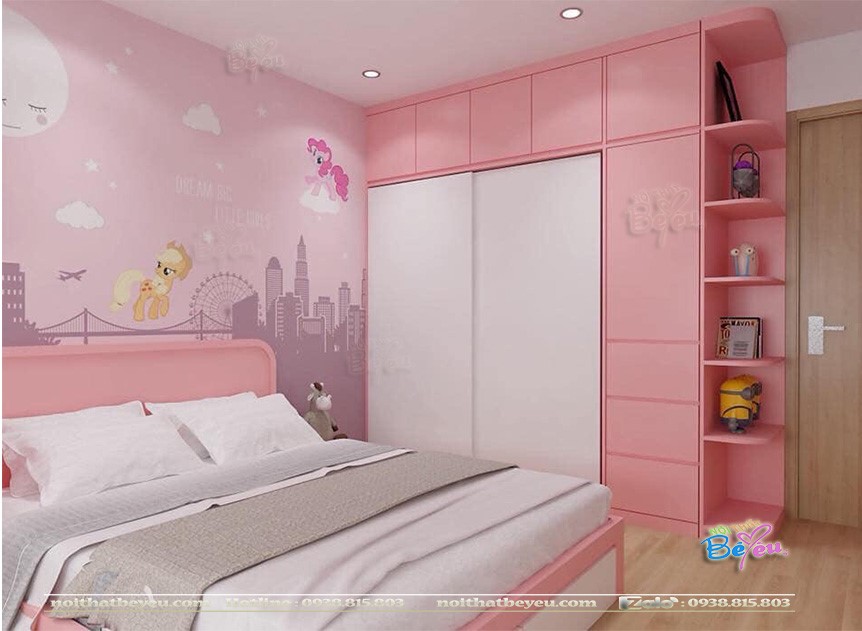 Trang tri phong ngu cho be gai don gian mau hong 15m2 từ 8 đến 15 tuổi