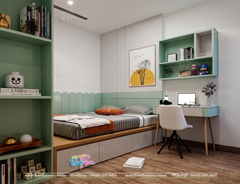 phong ngu cho be gai mau xanh ngoc dam tiet kiem dien tich