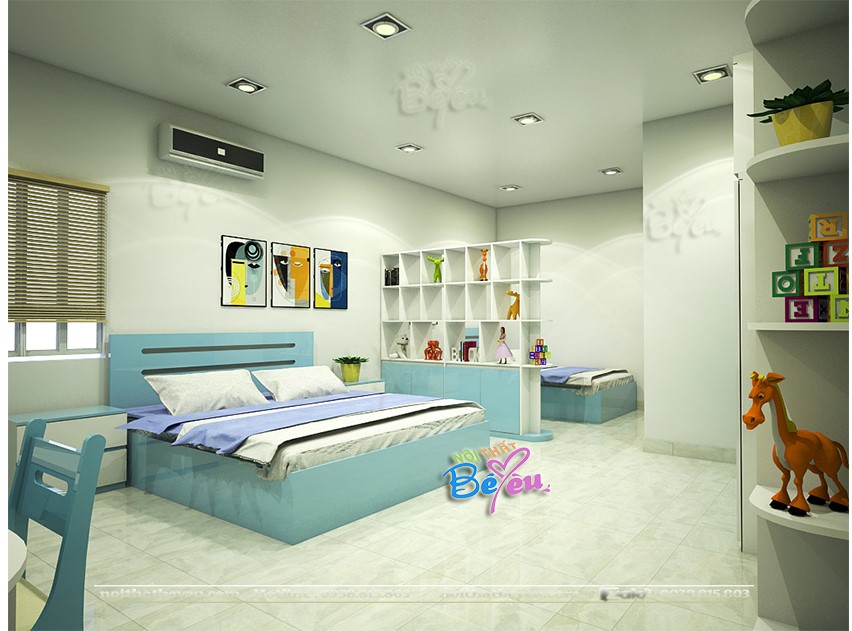 thiet ke phong ngu cho 3 be trai be gai mau xanh