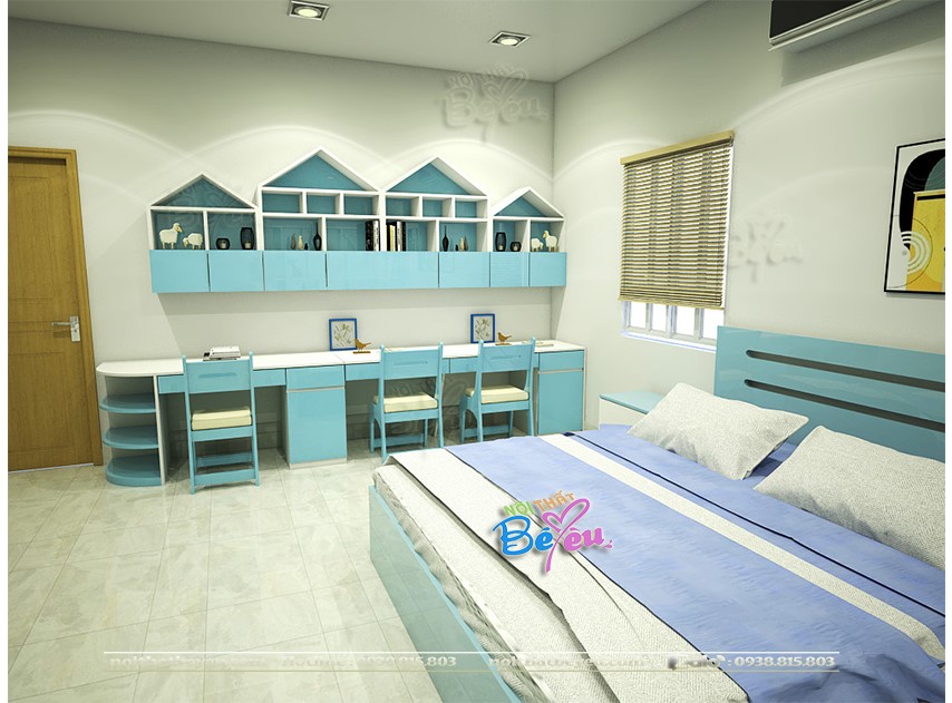 thiet ke phong ngu cho 3 be trai be gai mau xanh