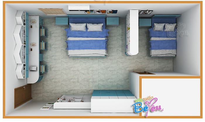 thiet ke phong ngu cho 3 be trai be gai mau xanh