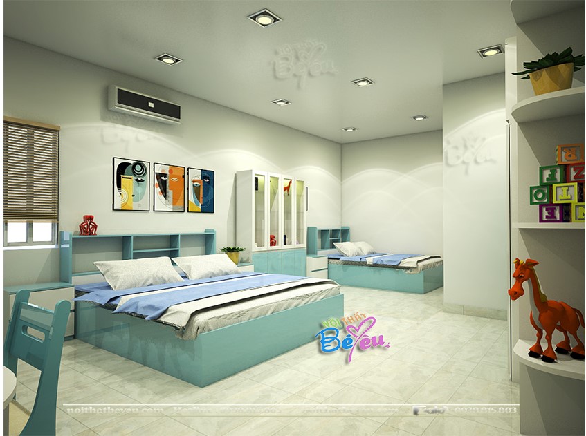 thiet ke phong ngu cho 3 be trai be gai mau xanh