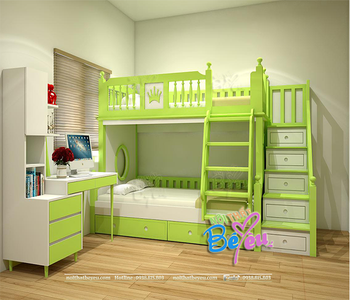 giuong tang tre em mau xanh com cho be trai be gai