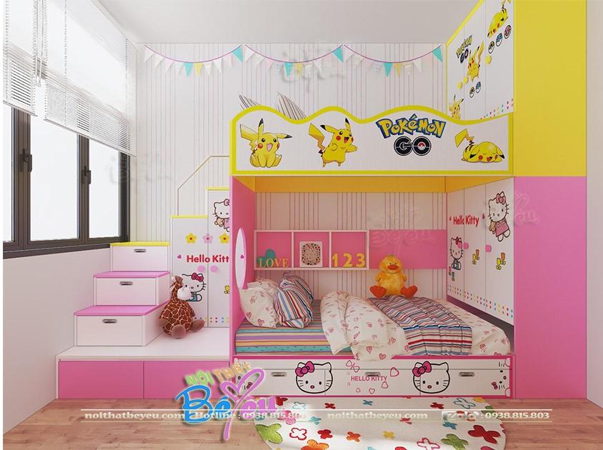 phong ngu giuong 2 tang cho be trai be gai hello kitty và pikachu