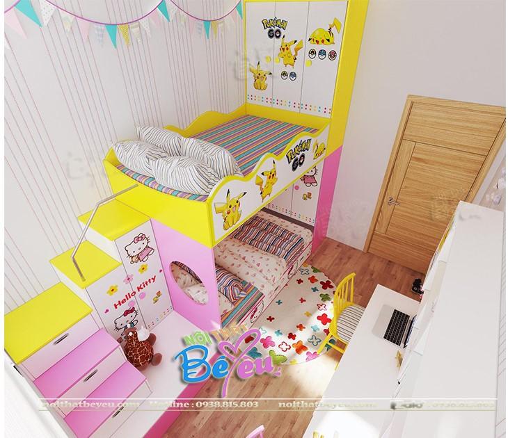 phong ngu giuong 2 tang cho be trai be gai hello kitty pikachu 1