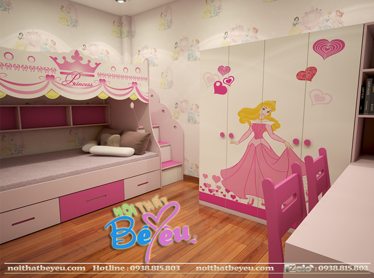 c3. thiet ke trang tri noi that phong ngu cho 2 be gai cong chua dep voi giuong tang co cau truot- noi that be yeu 2