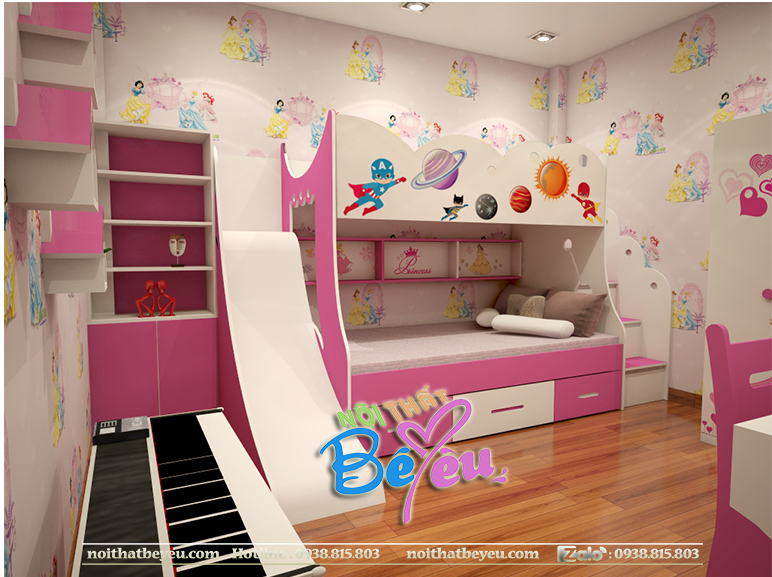 phong ngu tre em cho be gai giuong tang tre em cho be gai co cau trươt 1