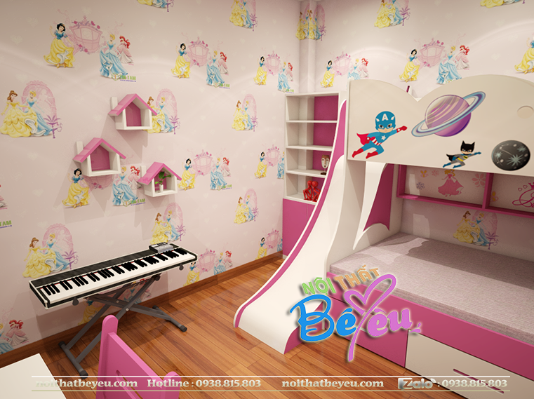 phong ngu tre em cho be gai giuong tang tre em cho be gai co cau trươt 3