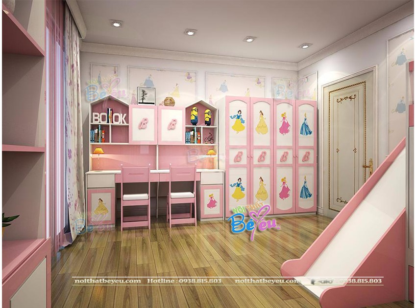 Phòng ngủ cho 2 bé gái cong chua mau hong noithatbeyeu.com 0938815803