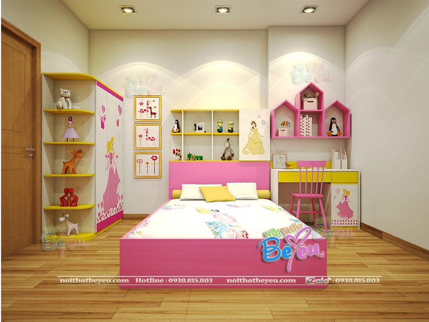 mau phong ngu cong chua mau hong cho be gai