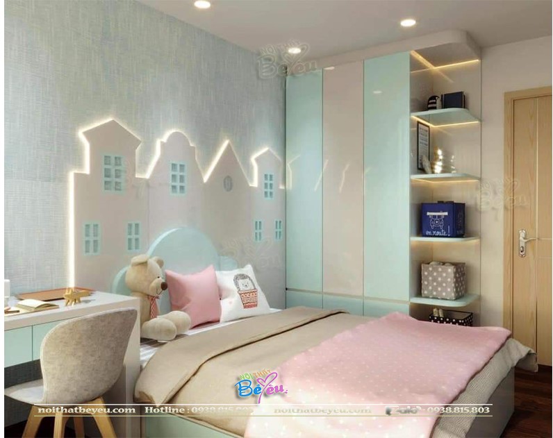 Phòng ngủ đẹp cho bé gái mau xanh mint cao cap 1