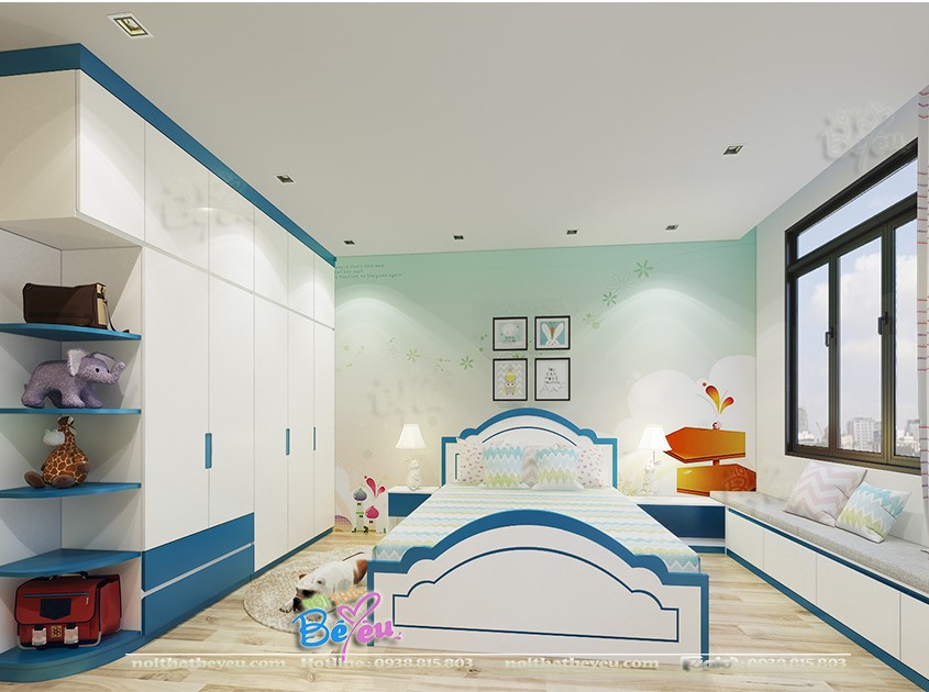 phong ngu cho be trai mau xanh duong dam