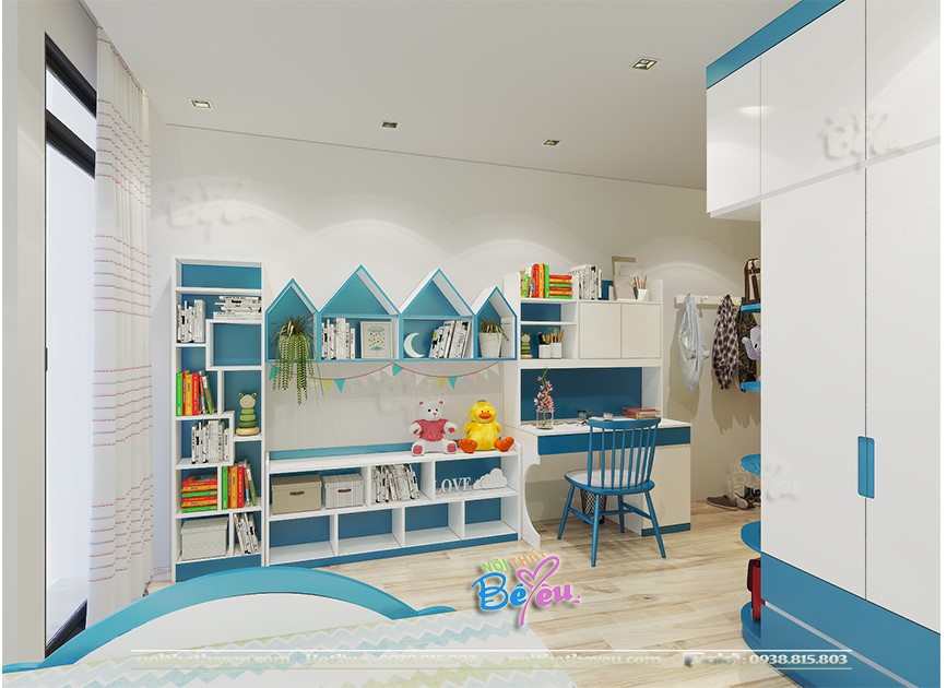 phong ngu cho be trai mau xanh duong dam 3