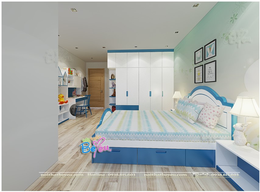 phong ngu cho be trai mau xanh duong dam 2