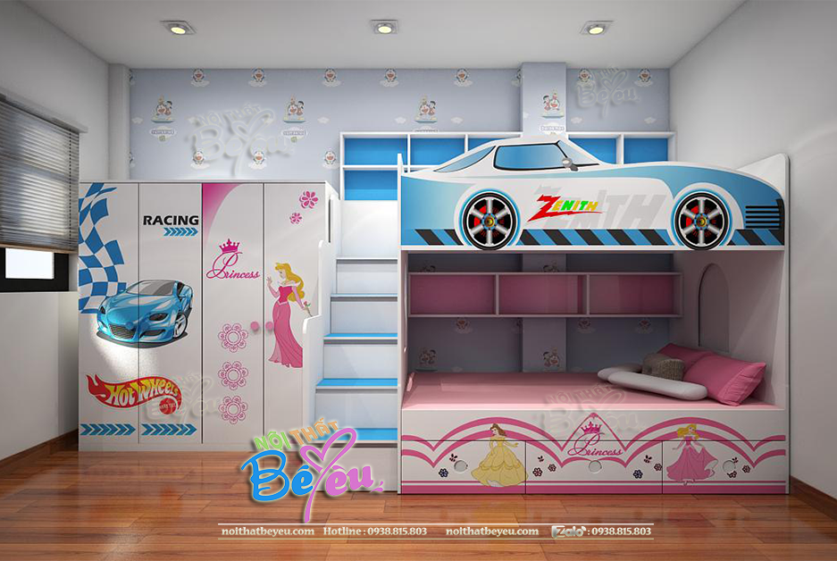 thiet ke phong ngu chung cho be trai va gai, phong ngu 2 chi em noithatbeyeu.com 2