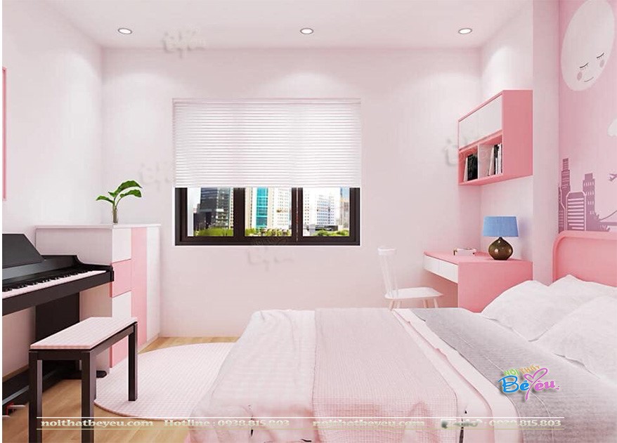 Trang tri phong ngu cho be gai don gian mau hong 15m2 từ 8 đến 15 tuổi