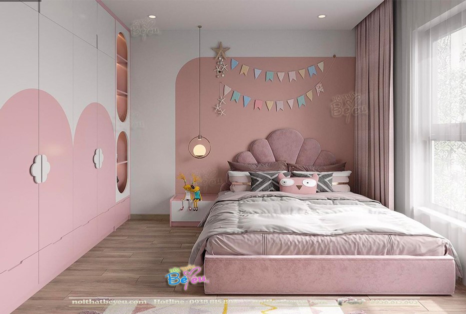 trang tri decor thiet ke phong ngu cong chua cho be gai trang hong pastel sang trong
