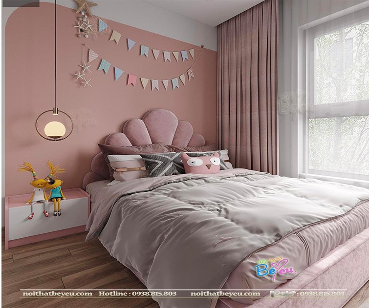 trang tri decor thiet ke phong ngu cong chua cho be gai trang hong pastel sang trong
