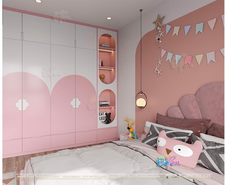 trang tri decor thiet ke phong ngu cong chua cho be gai trang hong pastel sang trong