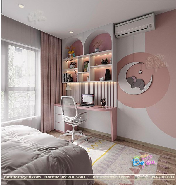 trang tri decor thiet ke phong ngu cong chua cho be gai trang hong pastel sang trong