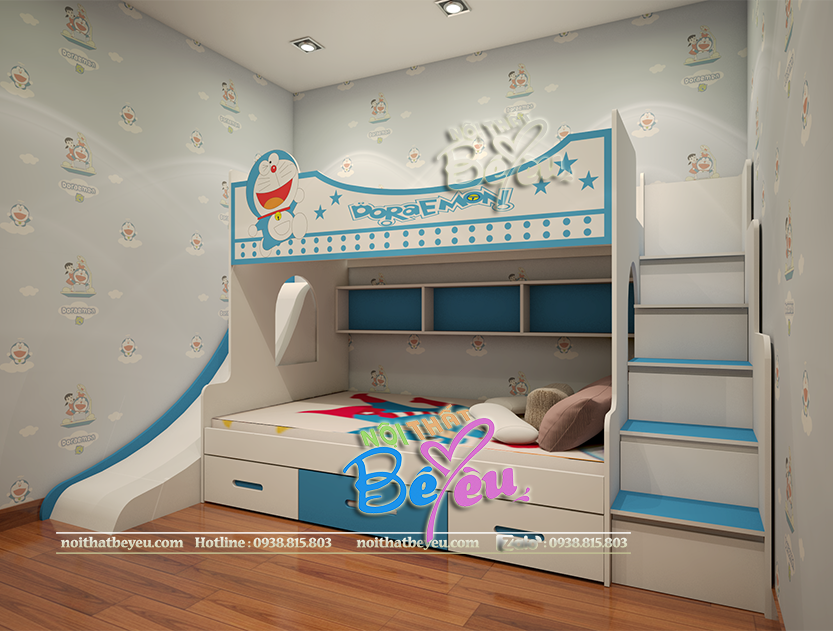 Giuong tang tre em co cau truot hinh Doremon cho be trai mau xanh- noi that be yeu
