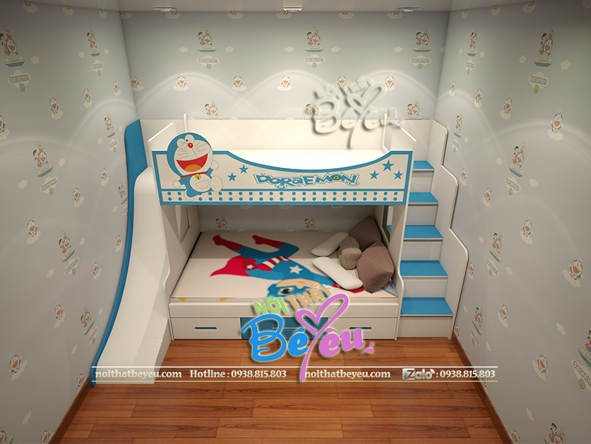 Giuong tang tre em co cau truot hinh Doremon cho be trai mau xanh- noi that be yeu