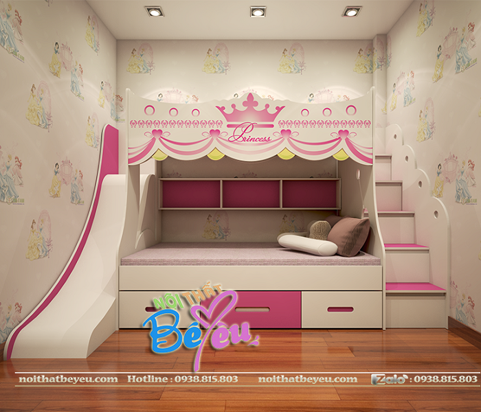 giuong 2 tang tre em co cau truot mau hong cong chua cho be