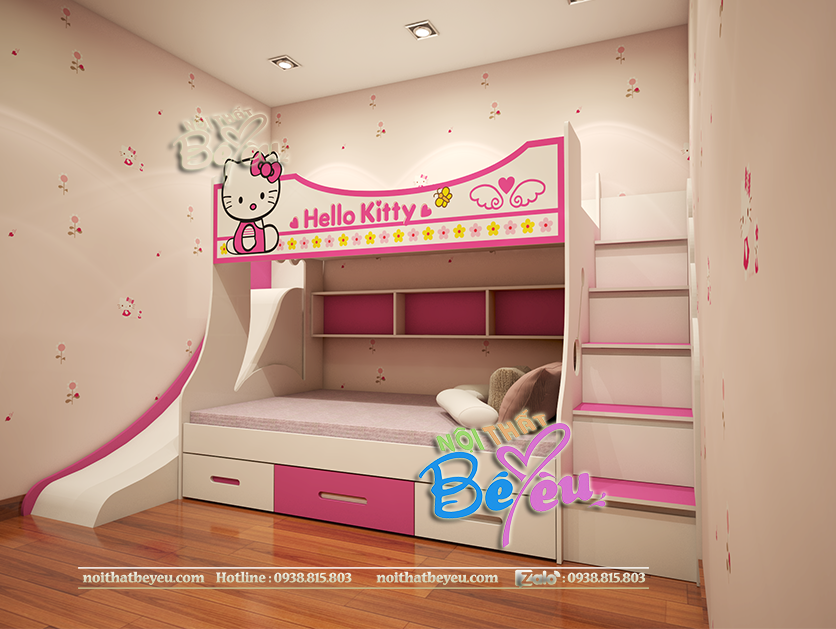 Giuong 2 tang tre em co cau truot hello kity mau hong- noi that be yeu