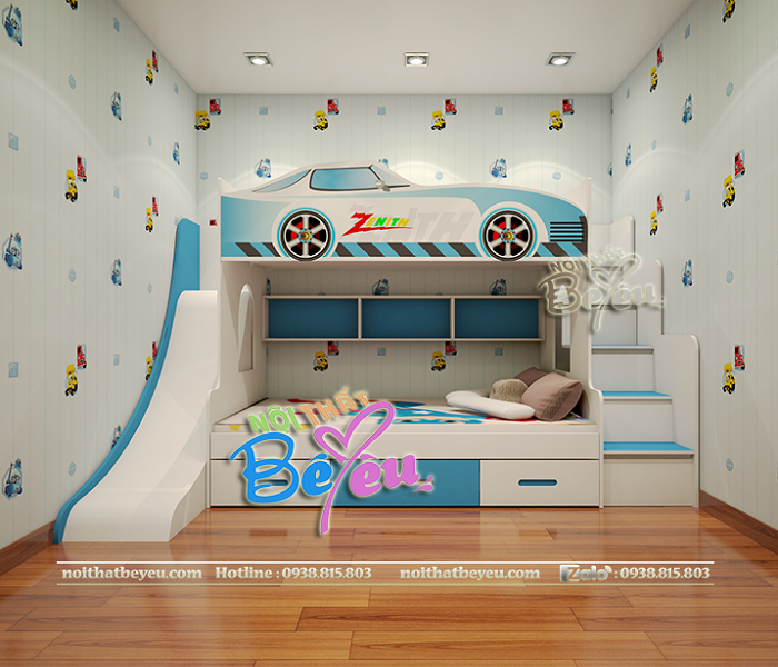 Giuong 2 tang tre em co cau truot hinh o to cho be trai mau xanh- noi that be yeu