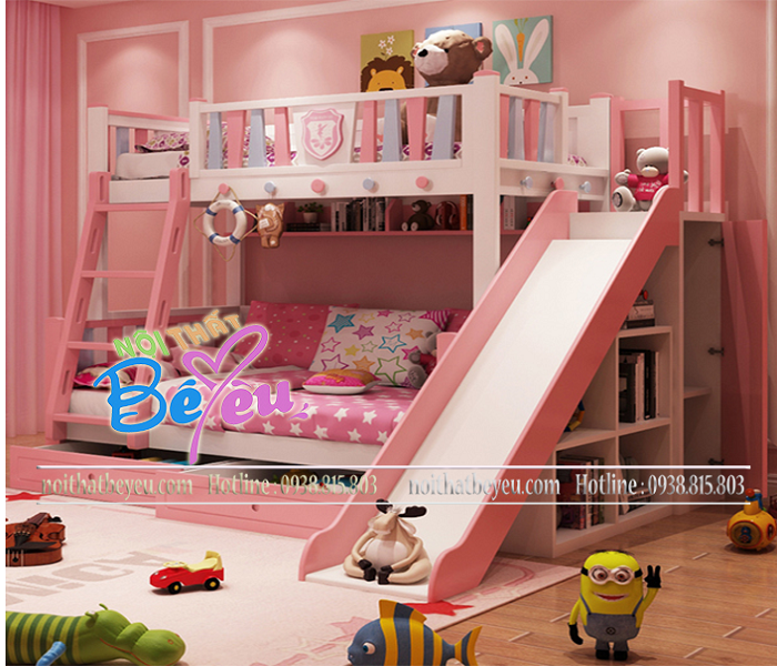 giuong tang tre em co cau truot cho be gai mau hong xinh xan - noi that be yeu