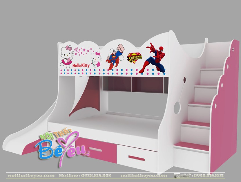 giuong 2 tang tre em co cau truot cho be gai mau hong kitty sieu nhan - noi that be yeu