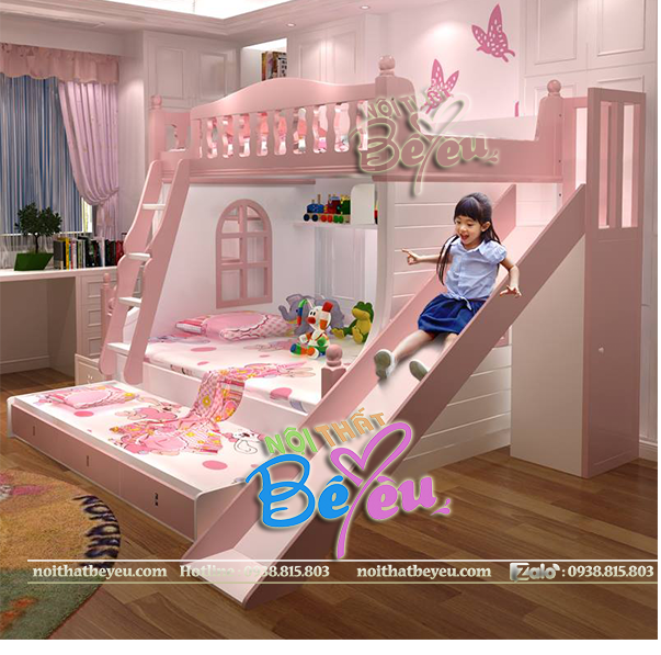 giuong 2 tang tre em co cau truot mau hong cho be gai noi that be yeu