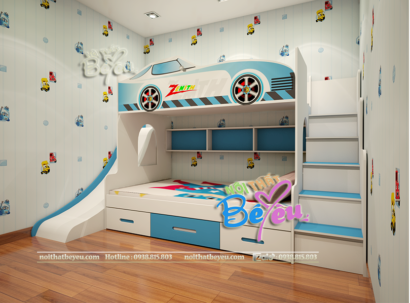 giuong tang tre em co cau truot o to cho be trai - noi that be yeu 1